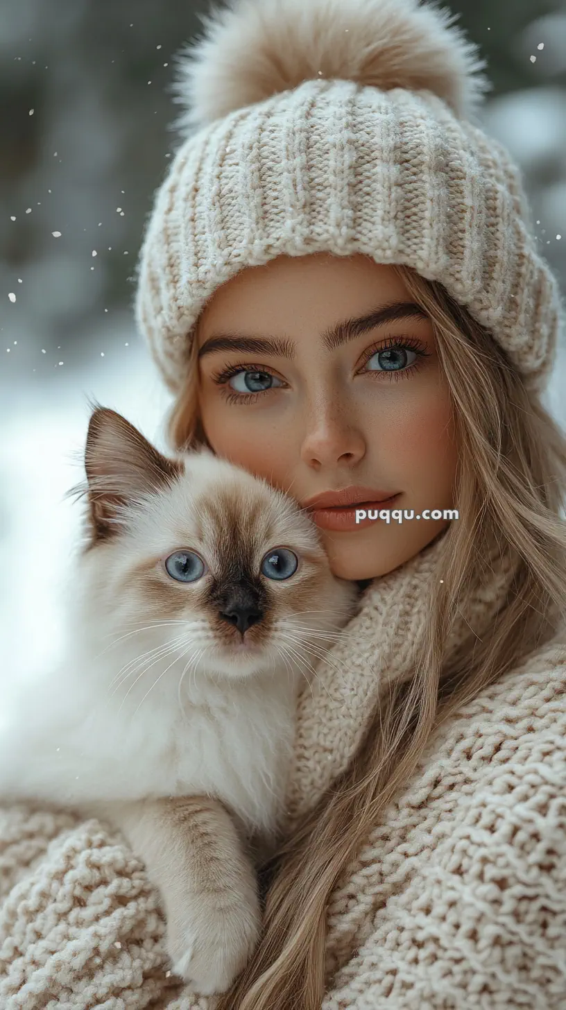 Woman in a knitted hat holding a fluffy cat in a snowy setting.