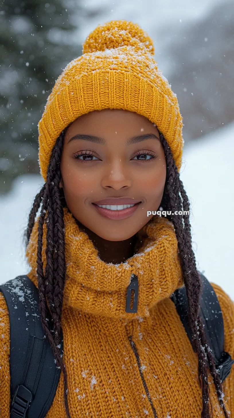 A person wearing a yellow knit hat and sweater with braided hair, smiling in a snowy outdoor setting.