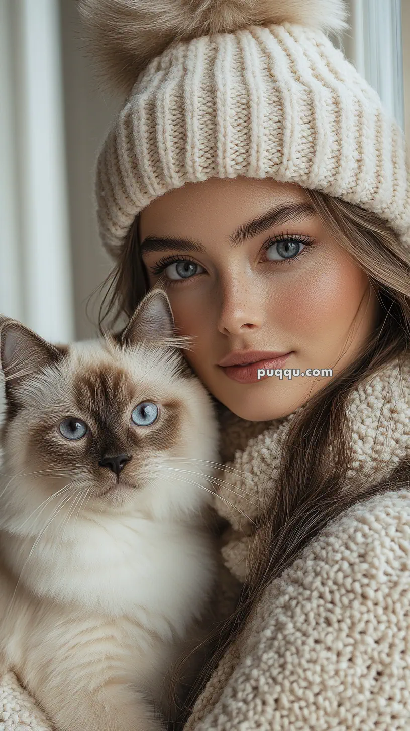 A person wearing a knitted hat and sweater, holding a fluffy cat with blue eyes.