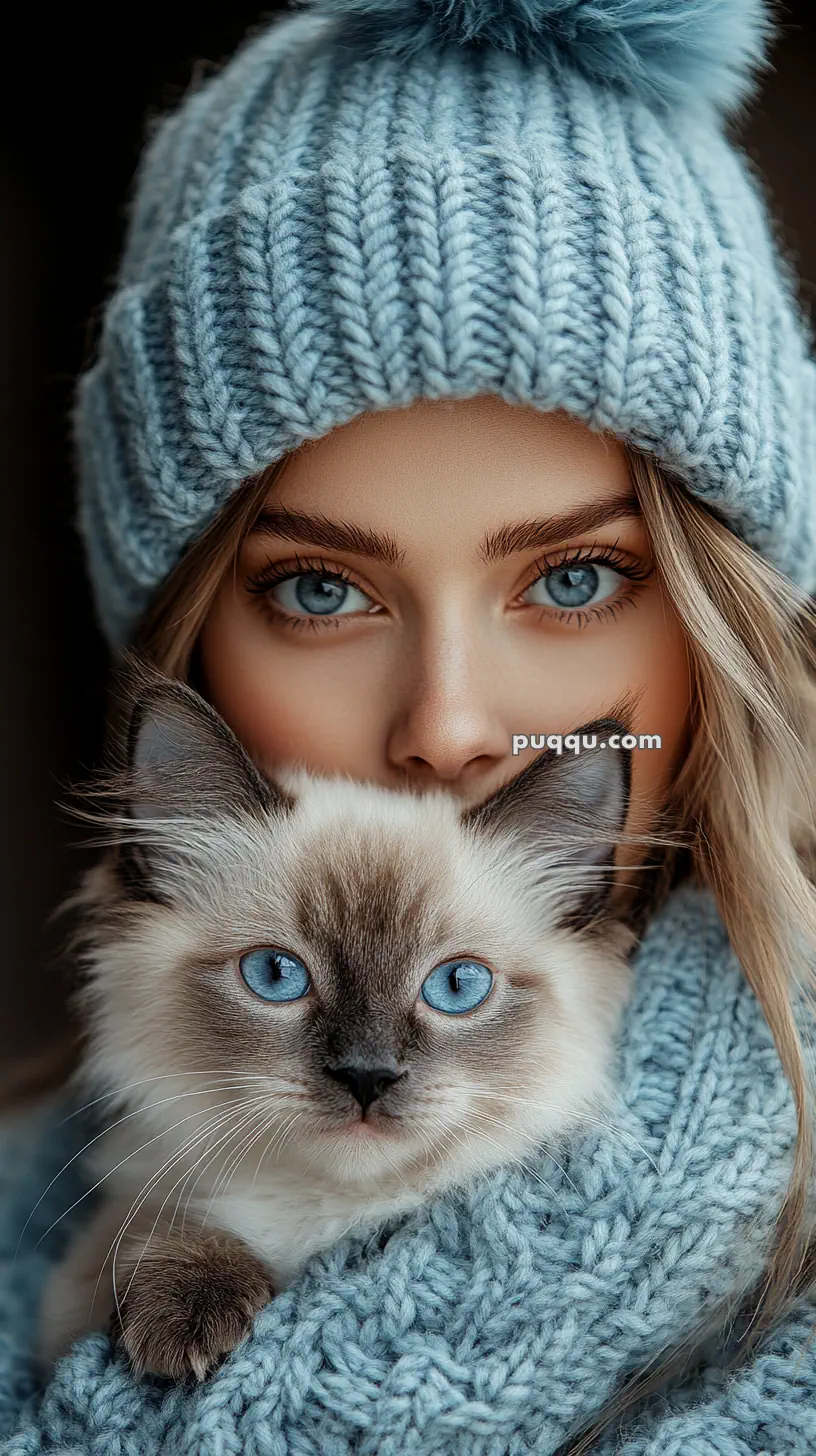 A person wearing a blue knit hat and scarf is holding a blue-eyed cat wrapped in the scarf.