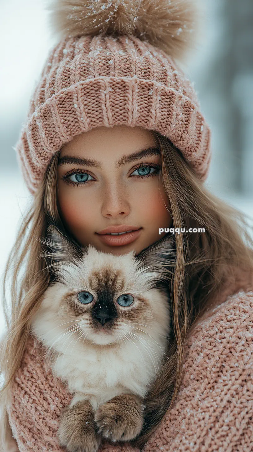 Woman wearing a pink knit hat and scarf holding a fluffy cat with blue eyes.