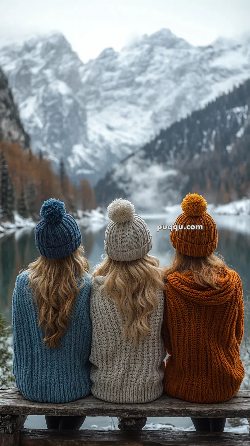 Three people in colorful knit hats and sweaters sitting on a bench, overlooking a snow-covered mountain landscape and lake.