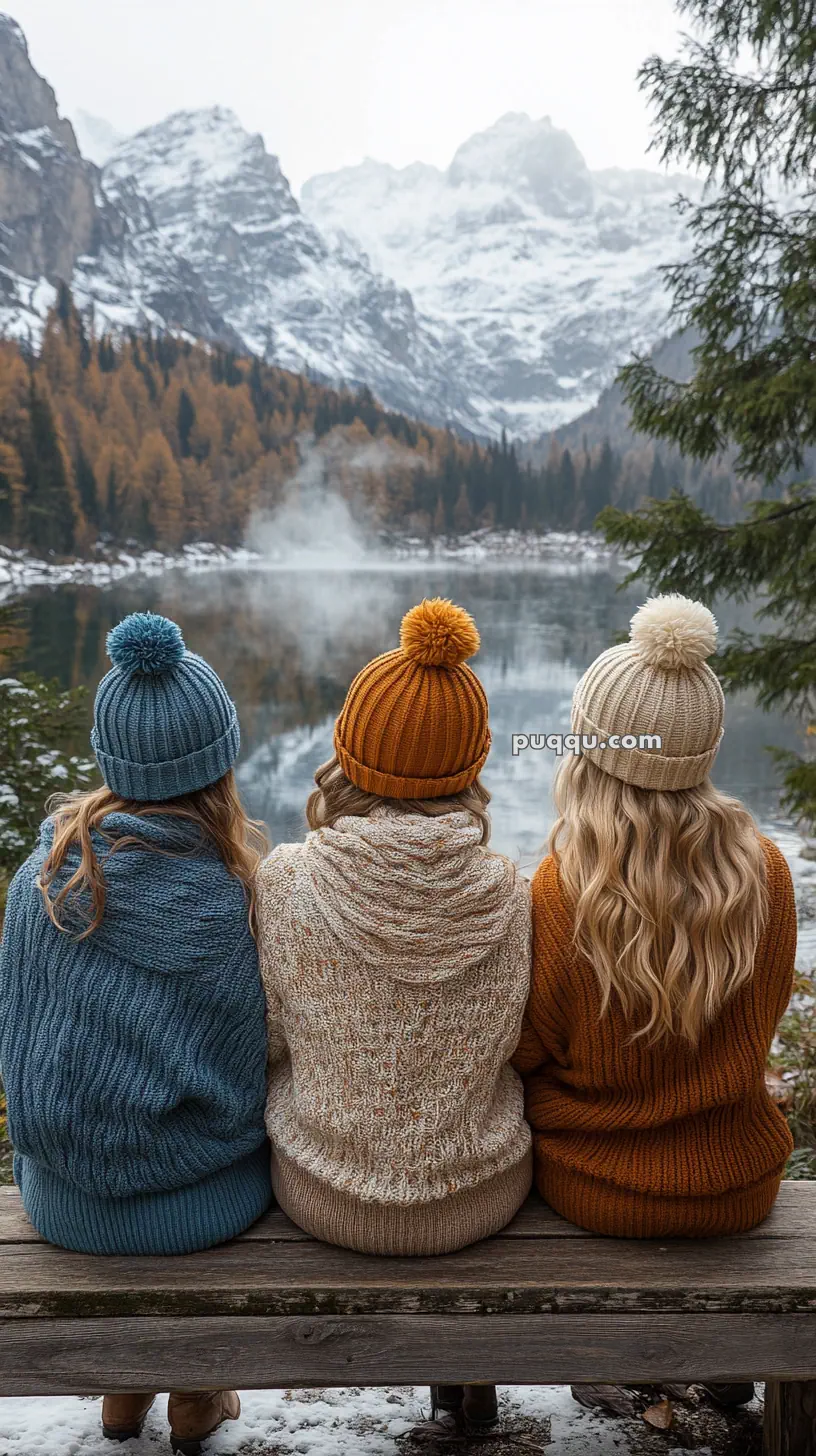 Three people wearing winter hats and sweaters sit on a bench facing a tranquil lake with snow-capped mountains in the background.