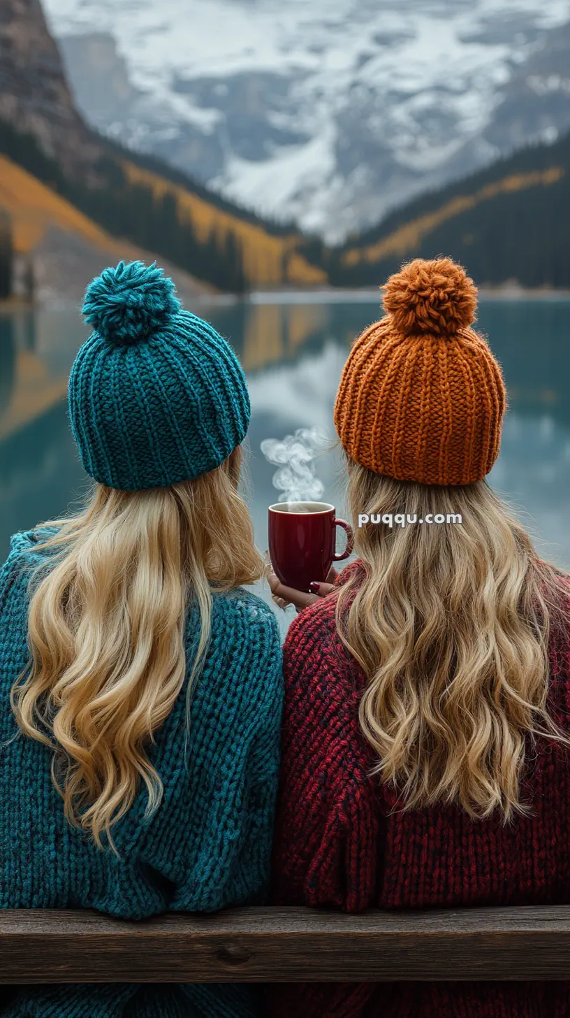 Two people in colorful knit hats and sweaters sit by a lake, one holding a steaming mug.