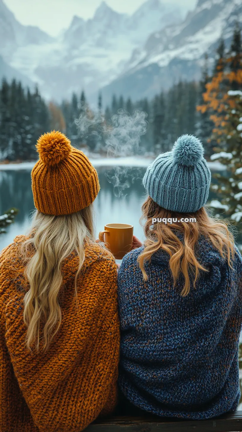 Two people wearing knit hats and shawls sit by a snowy lake with mountains in the background, holding a steaming mug.