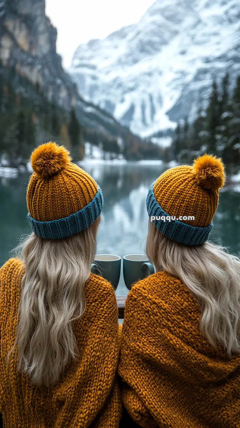 Two people wearing matching knit hats and sweaters, sitting by a serene lake with snowy mountains in the background.