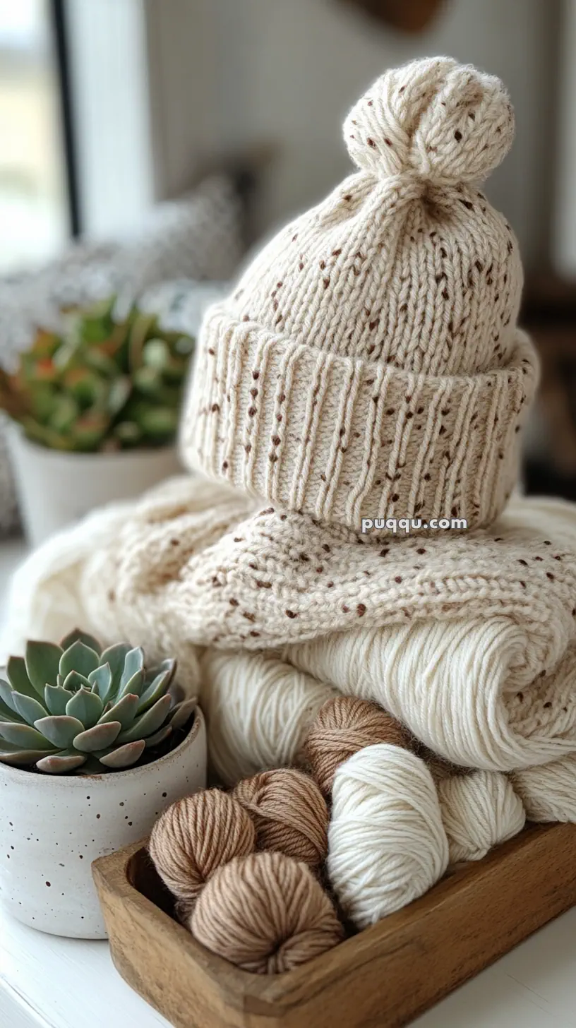 A knitted cream-colored hat with a pom-pom on top of a matching sweater, next to skeins of yarn and a potted succulent.