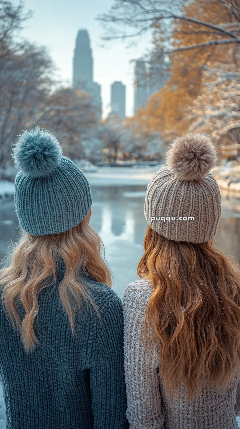 Two people wearing knit hats with pom-poms, standing near a snowy lake with city buildings in the background.