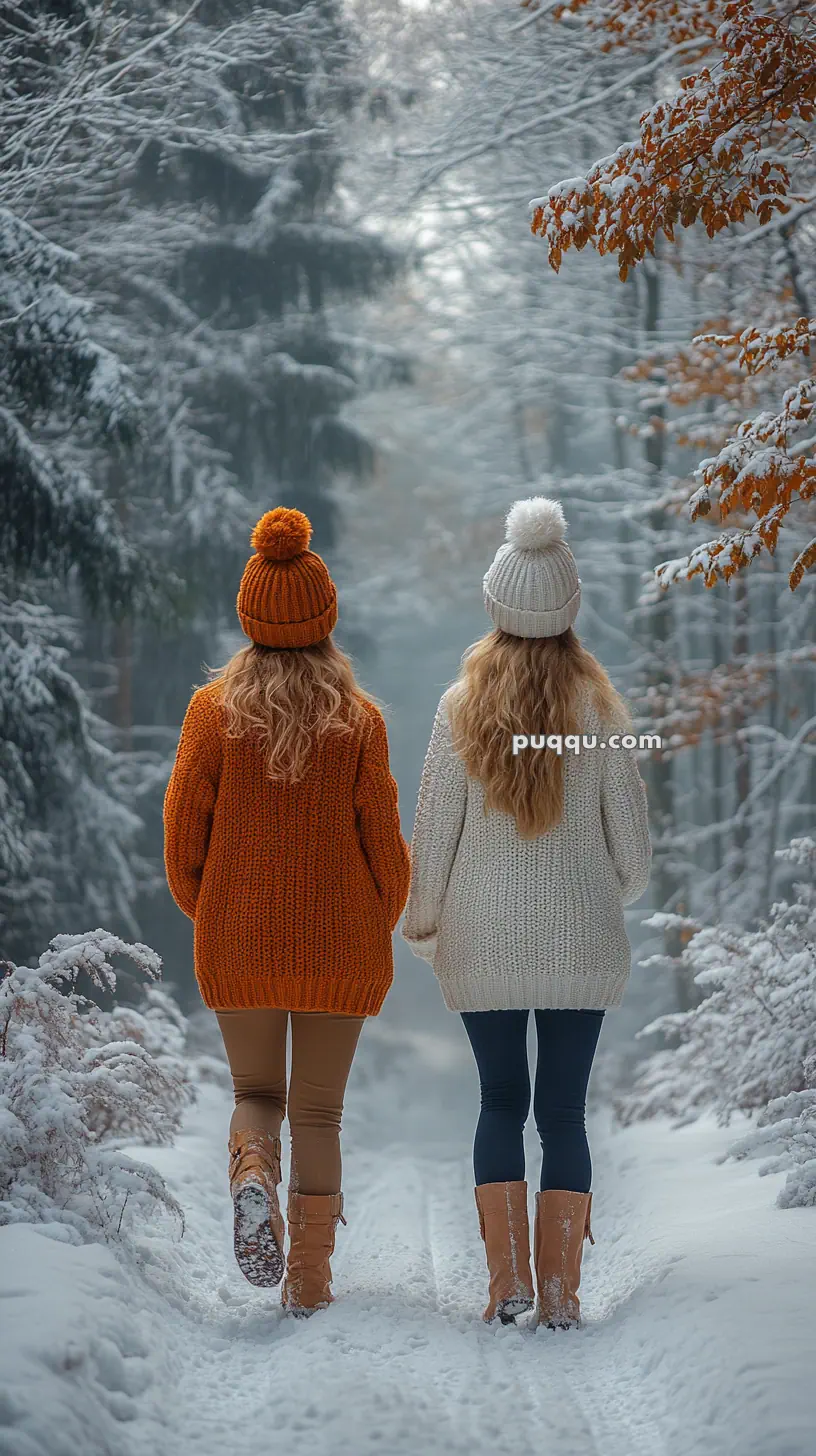 Two people in winter clothing walking through a snowy forest path.