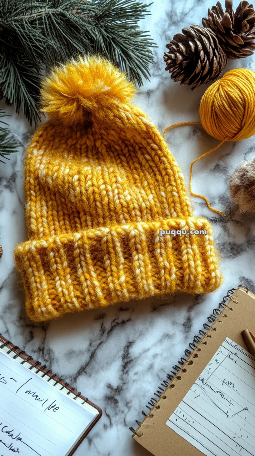 A knitted yellow hat with a pom-pom on top, surrounded by pine branches, a ball of yarn, pine cones, and notebooks on a marble surface.