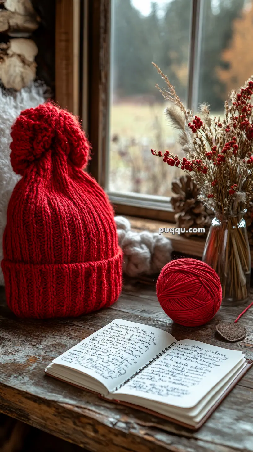 Red knitted hat, a ball of red yarn, and an open journal with handwriting on a rustic wooden table next to a window with a view of the outdoors.