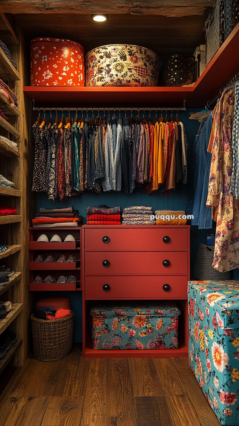 Colorful walk-in closet with hanging clothes, a red chest of drawers, shelf baskets, shoes, and floral storage boxes.