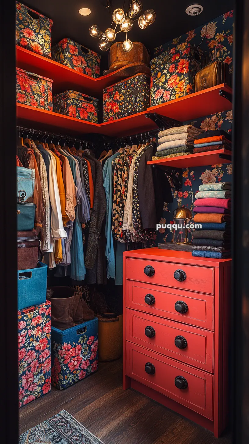 A colorful, organized closet with floral wallpaper, clothes on hangers, patterned storage boxes, a red dresser, and a modern chandelier.