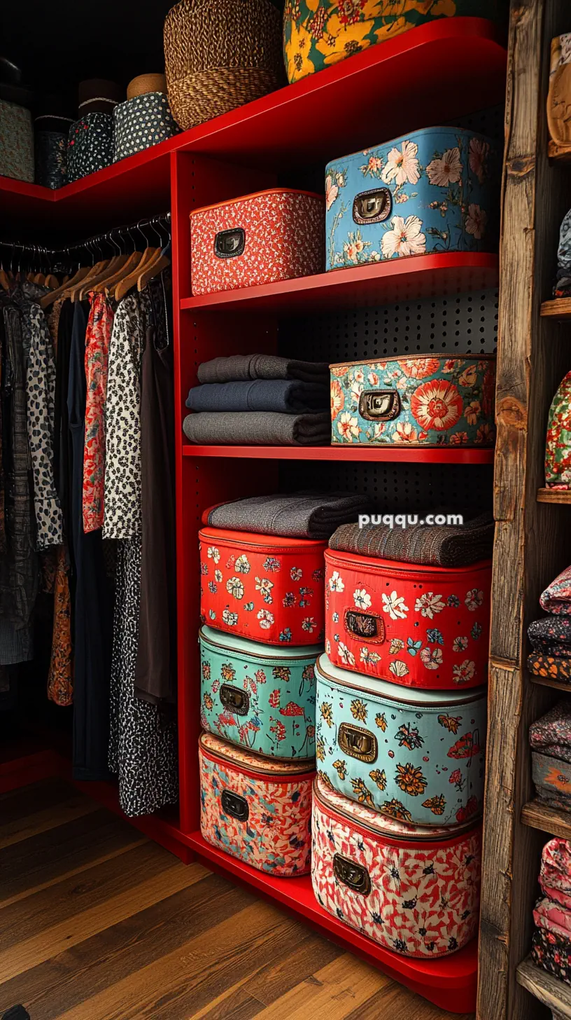 A closet with neatly organized floral-patterned storage boxes, folded clothes, and hanging garments.