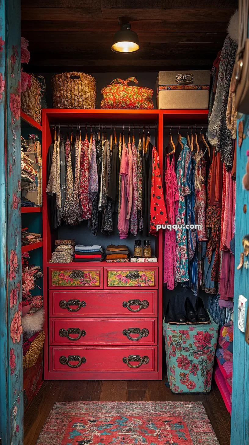 A colorful closet with a red dresser, floral patterns, neatly arranged clothes on hangers, and decorative baskets on top.