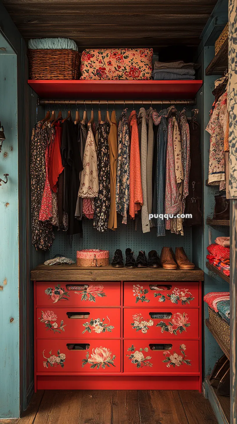 Colorful closet with red drawers featuring floral designs, hanging clothes, and storage boxes on top.