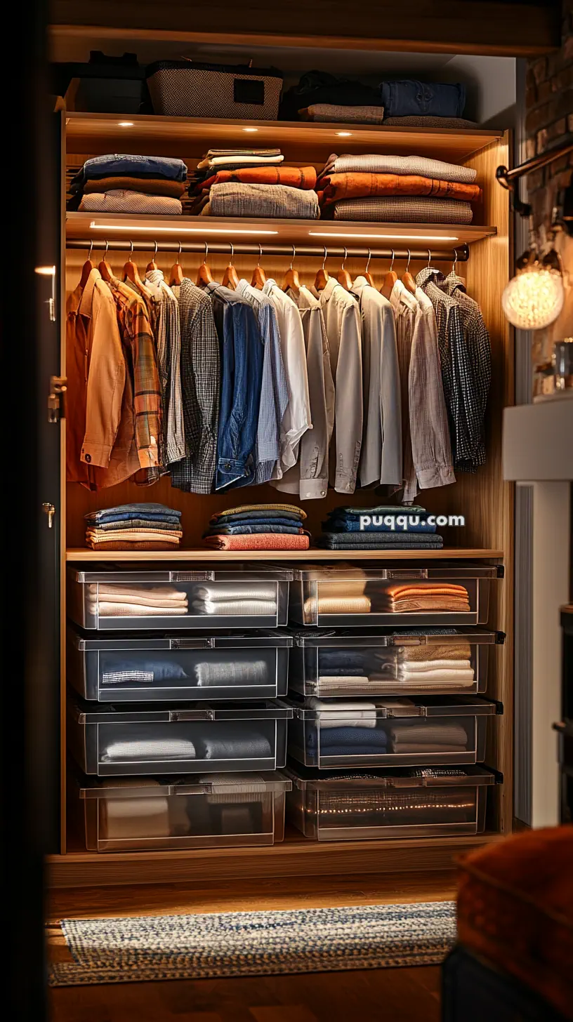 Organized wardrobe with hanging shirts, folded clothes on shelves, and transparent storage bins.