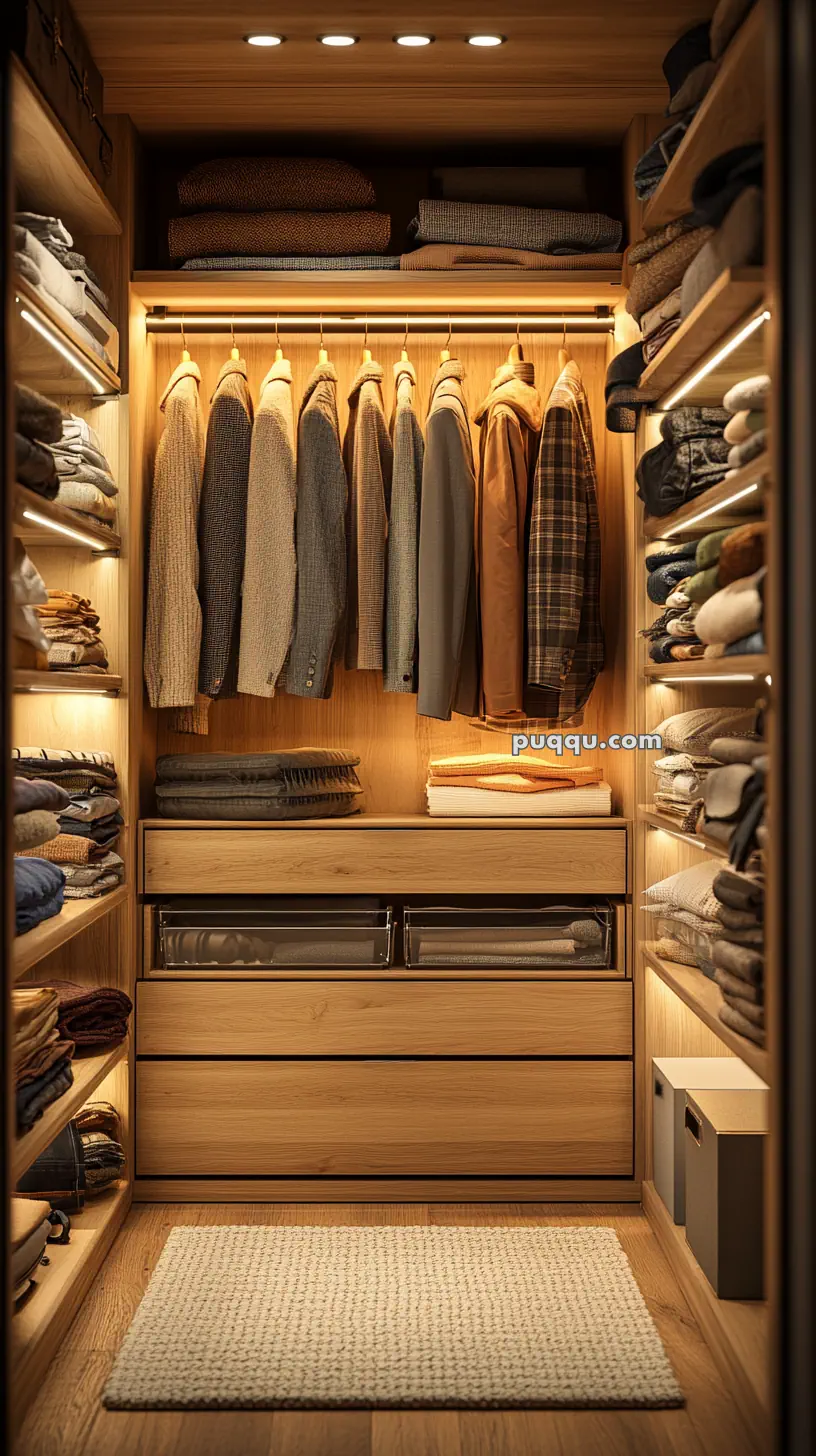 A neatly organized wooden closet with folded clothes, hanging coats, drawers, and shelves, illuminated by overhead lights.