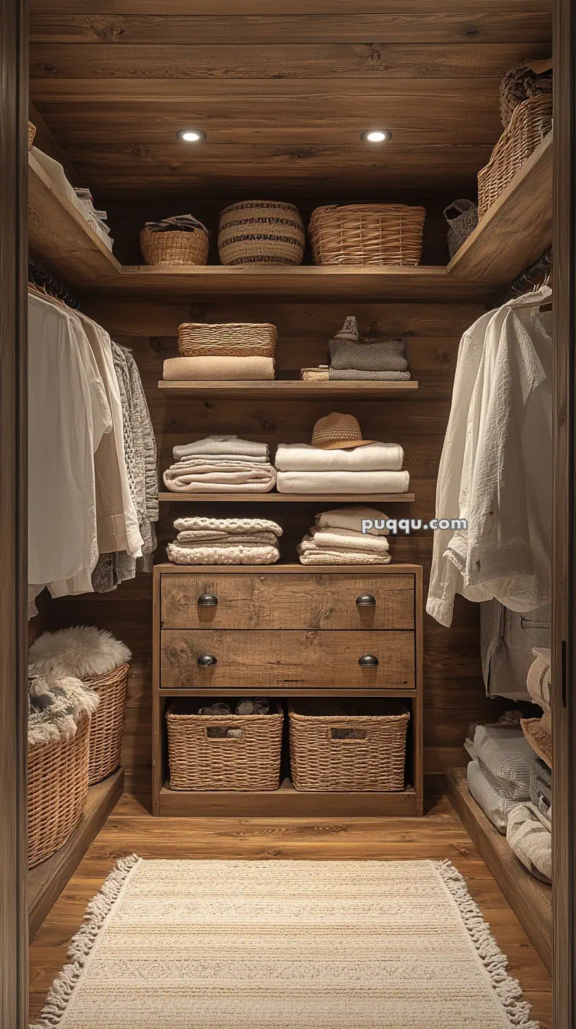 A neatly organized walk-in closet with wooden shelves, woven baskets, folded linens, and hanging white clothes.