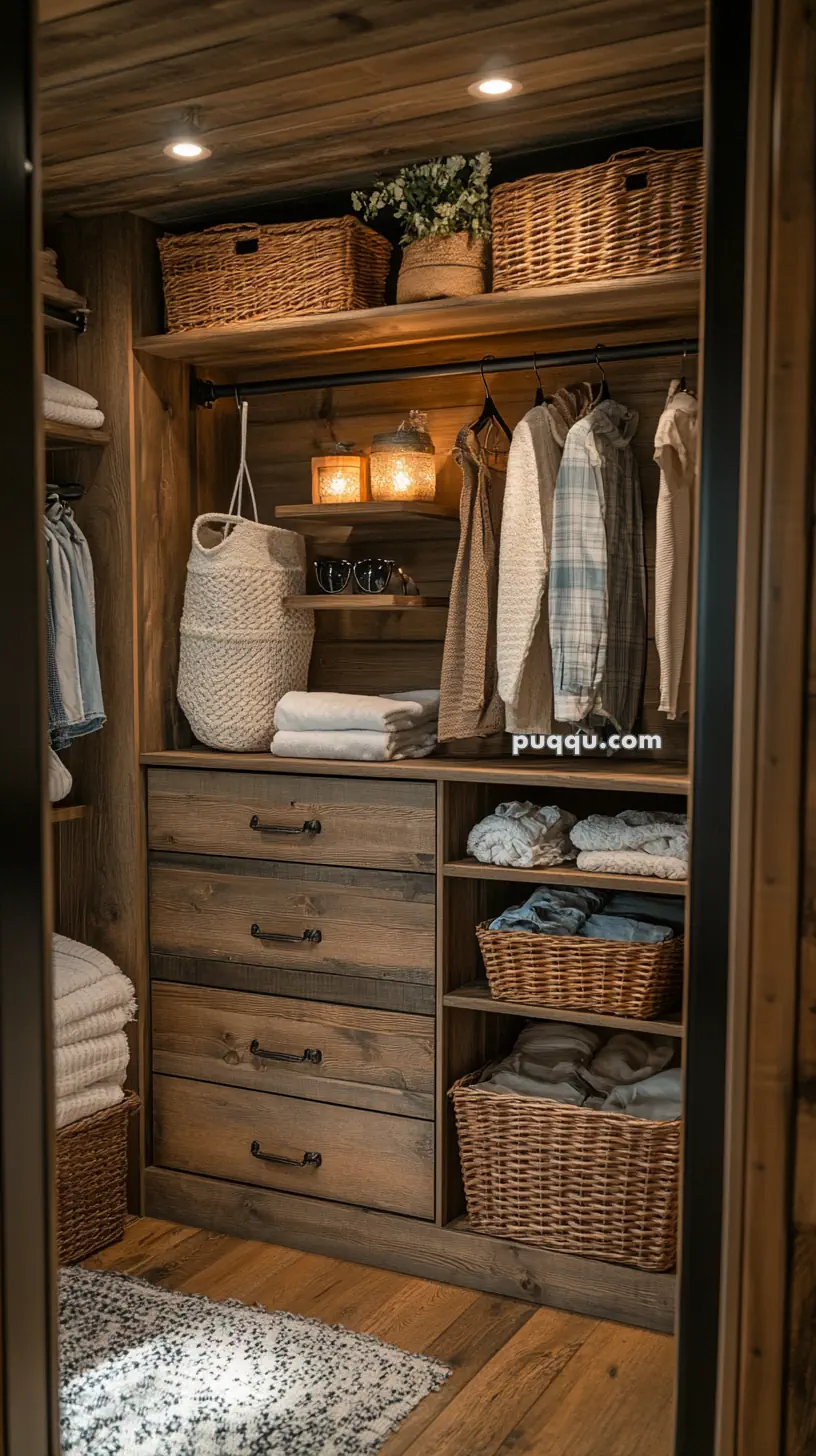 Cozy wooden closet with woven baskets, clothing on hangers, folded towels, potted plant, and lit candles on a shelf.