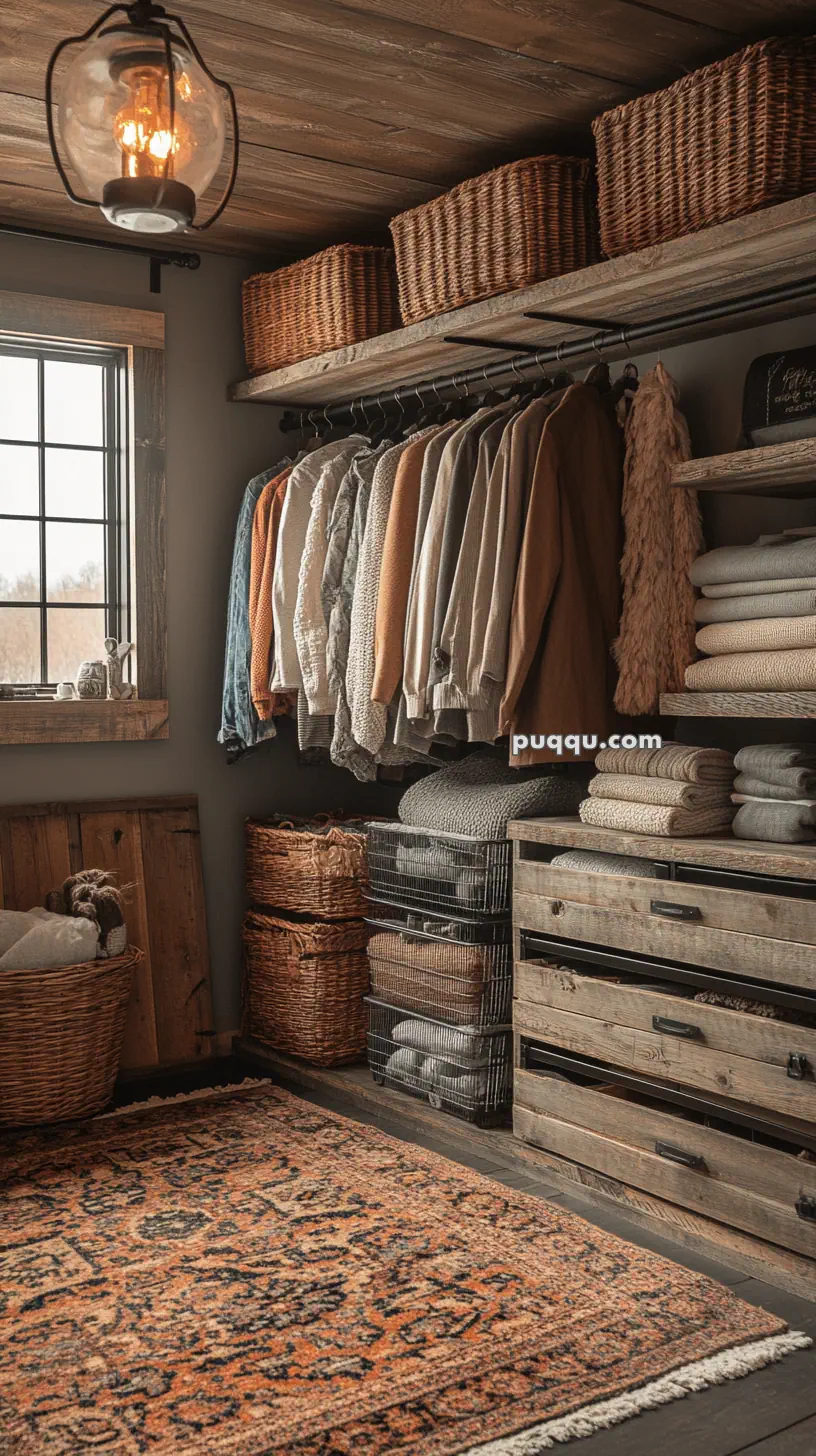 A cozy closet with wooden shelves and drawers, wicker baskets, hanging clothes, and folded towels, illuminated by a decorative ceiling light with a patterned rug on the floor.