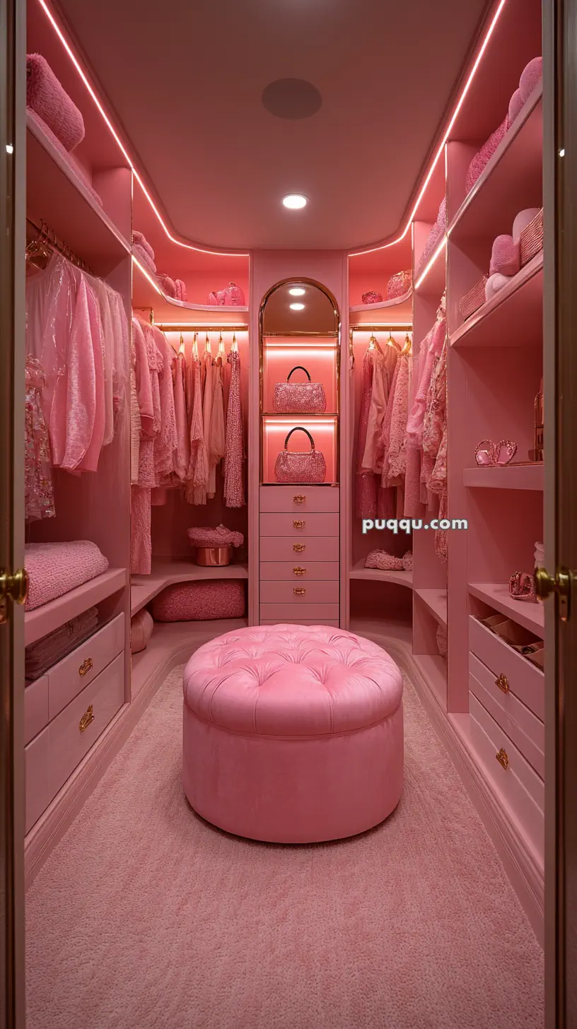 Luxurious pink walk-in closet with illuminated shelves, clothing, and accessories neatly arranged, featuring a plush pink ottoman in the center.