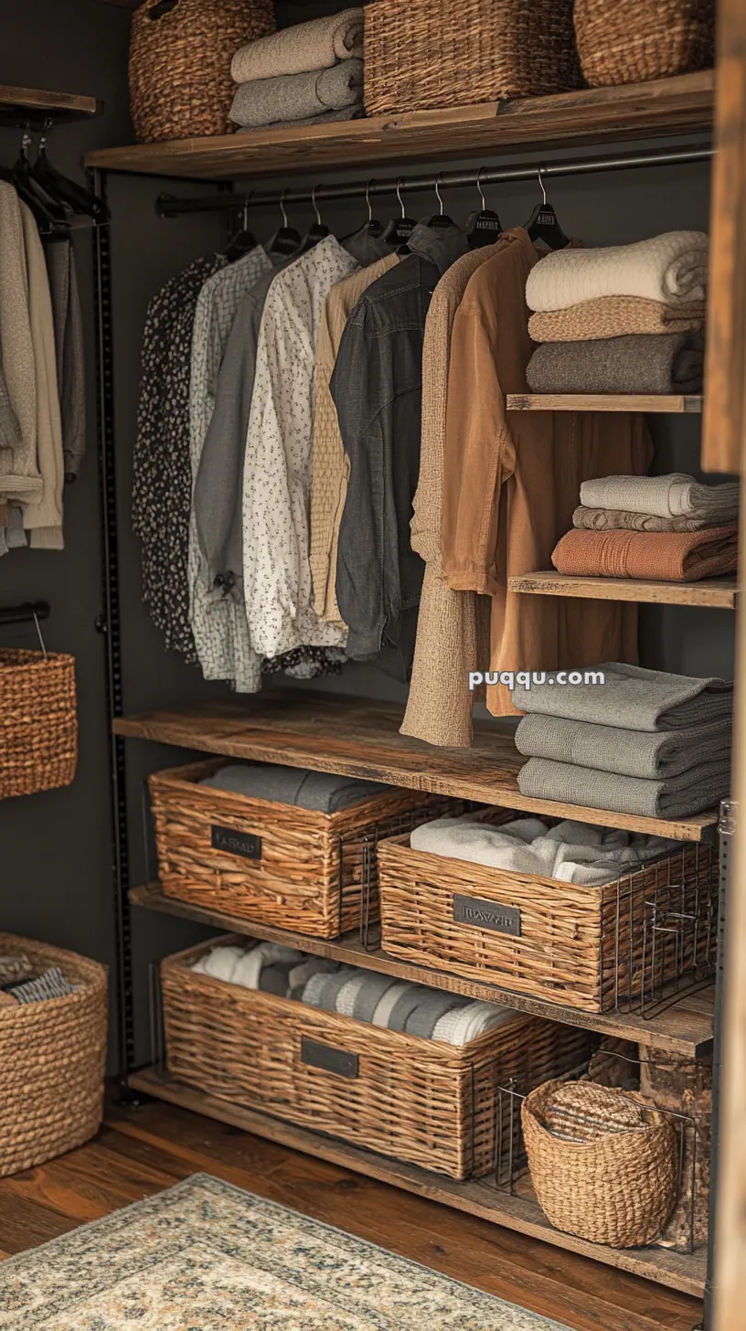 Organized closet with hanging clothes, folded garments, and wicker baskets on wooden shelves.