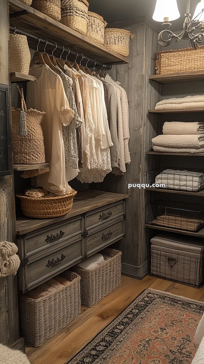 A rustic wooden closet with hanging clothes, wicker baskets, folded linens on shelves, and a decorative area rug.