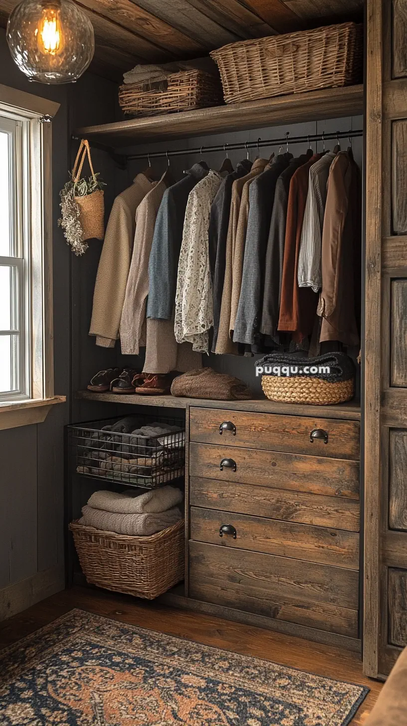 Cozy rustic closet with hanging clothes, wicker baskets, a wooden dresser, and a patterned rug.