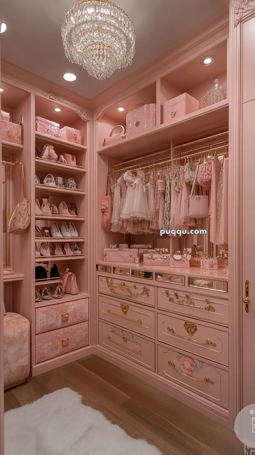 Elegant pink walk-in closet with crystal chandelier, displaying organized shelves of handbags, shoes, and hanging dresses.