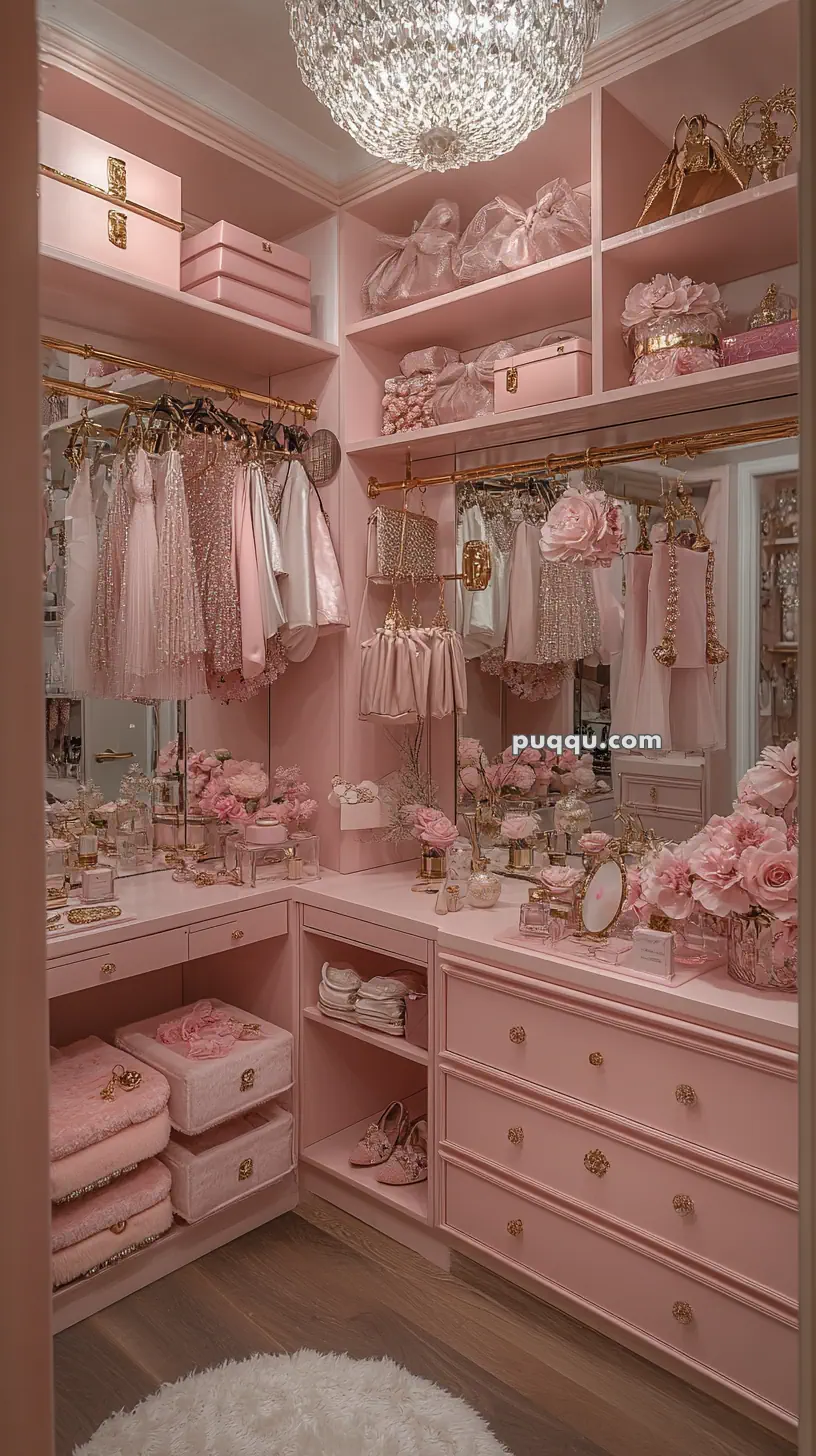 Luxurious pink walk-in closet with elegant lighting, floral decorations, neatly organized clothes, and accessories.