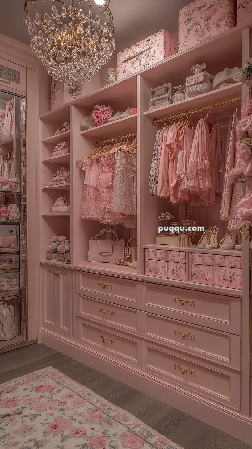 Elegant pink closet with floral-themed storage boxes, clothing, and accessories neatly organized, featuring a chandelier overhead.