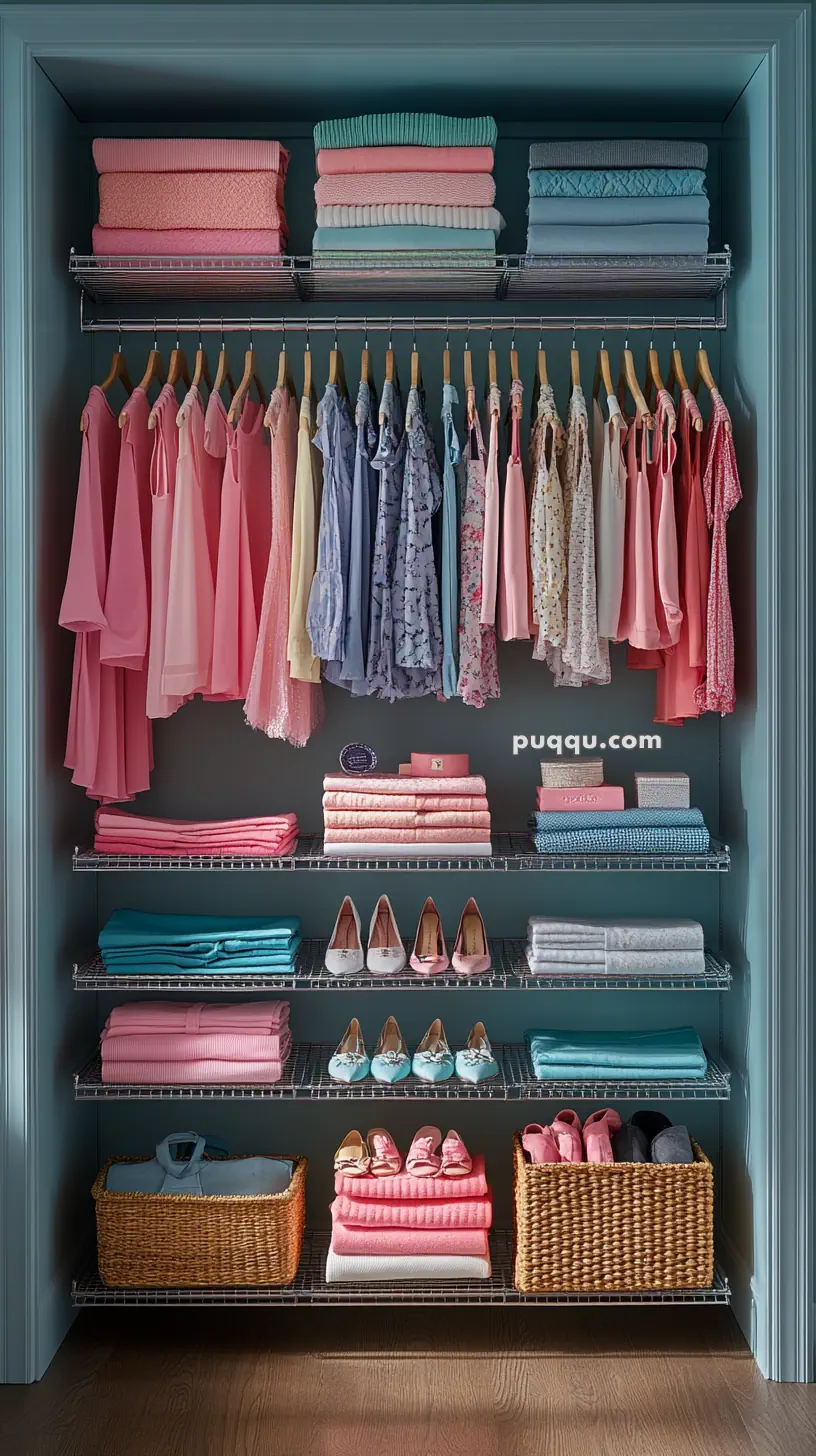 A neatly organized closet with folded clothes and shoes, featuring a color palette of pink, blue, and pastel tones.