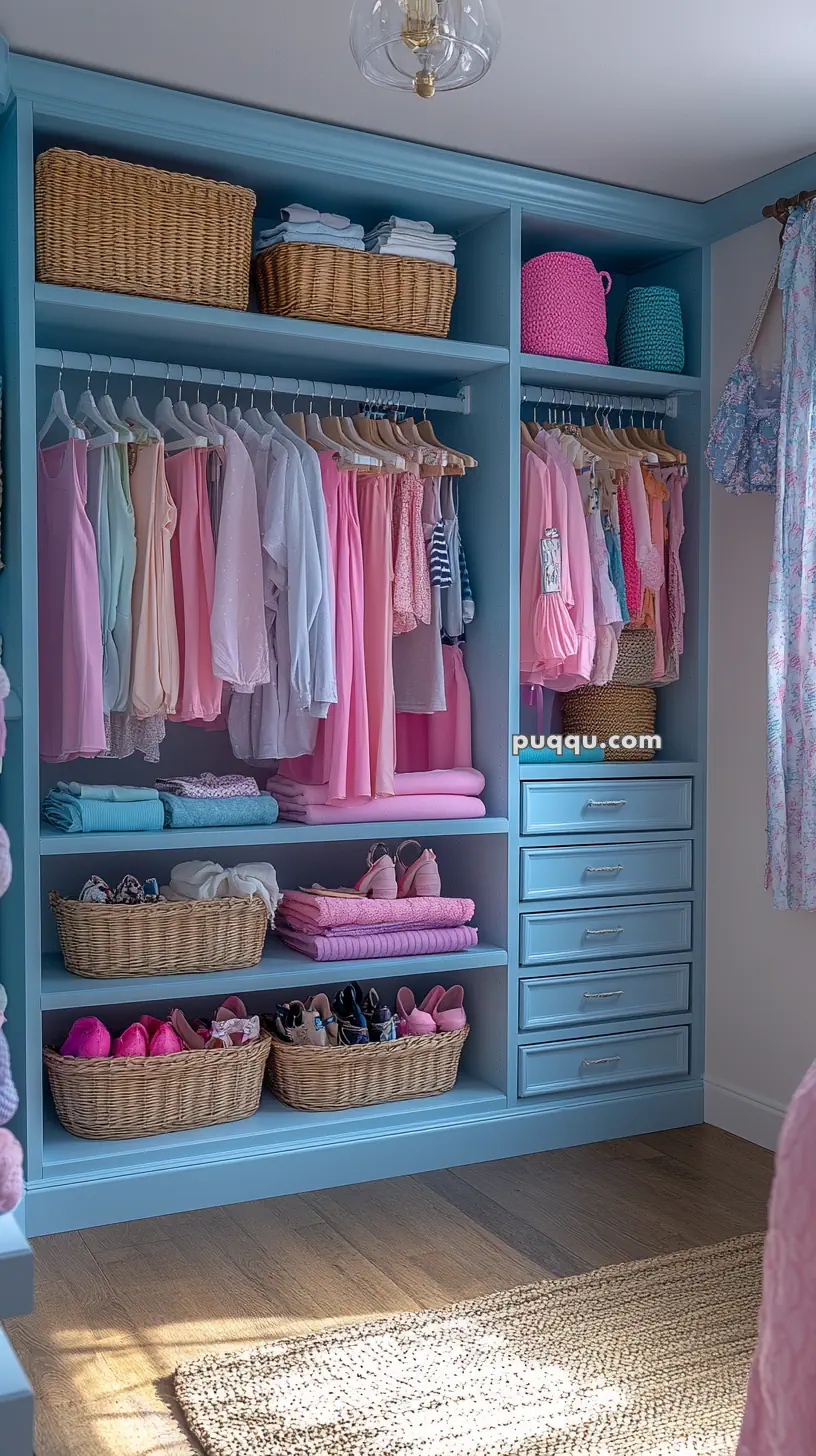 Organized closet with blue shelves, displaying pastel clothing, baskets, and folded fabrics.