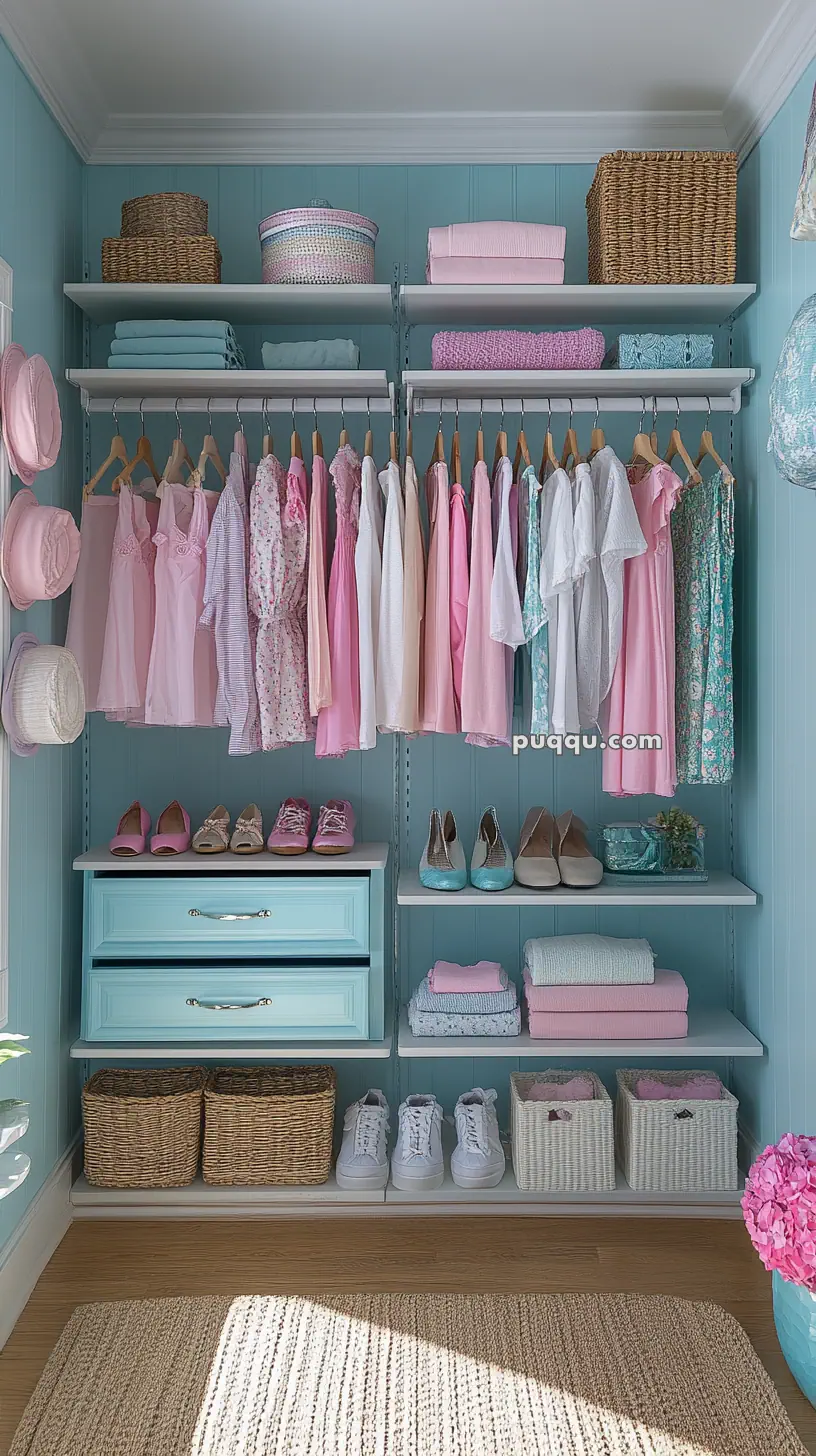 A neatly organized closet with pastel-colored clothes hanging, folded pink and blue textiles on shelves, baskets, and arranged shoes.