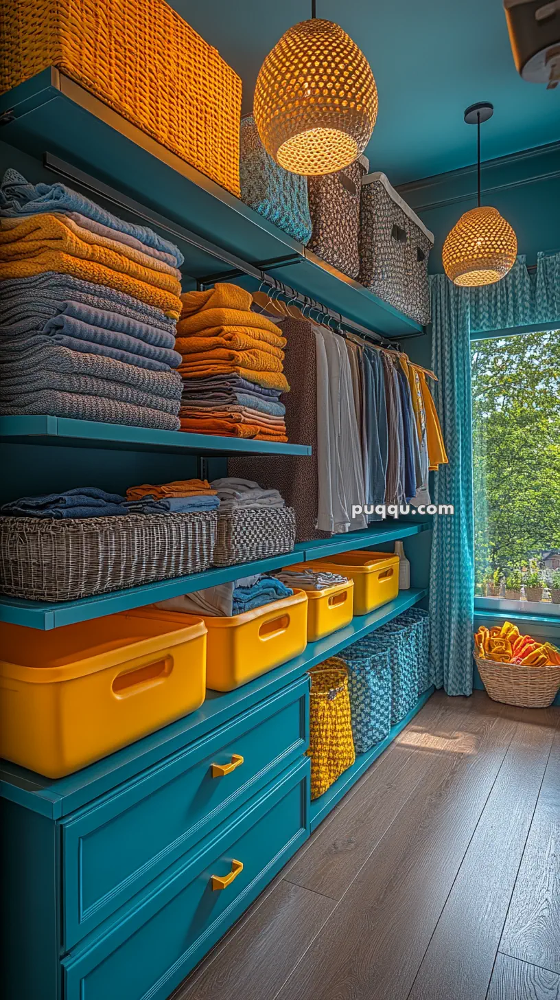 A colorful and well-organized closet with blue and yellow folded towels, assorted clothing on hangers, and various storage baskets and bins under warm pendant lighting.