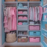 Organized closet with pastel-colored clothing, towels, and shoes, featuring wicker baskets and storage bins.