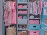 Organized closet with pastel-colored clothing, towels, and shoes, featuring wicker baskets and storage bins.