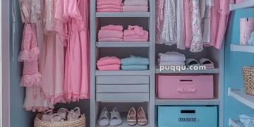 Organized closet with pastel-colored clothing, towels, and shoes, featuring wicker baskets and storage bins.