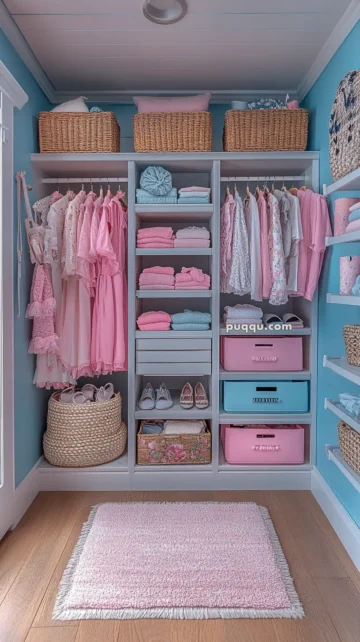 Organized closet with pastel-colored clothing, towels, and shoes, featuring wicker baskets and storage bins.