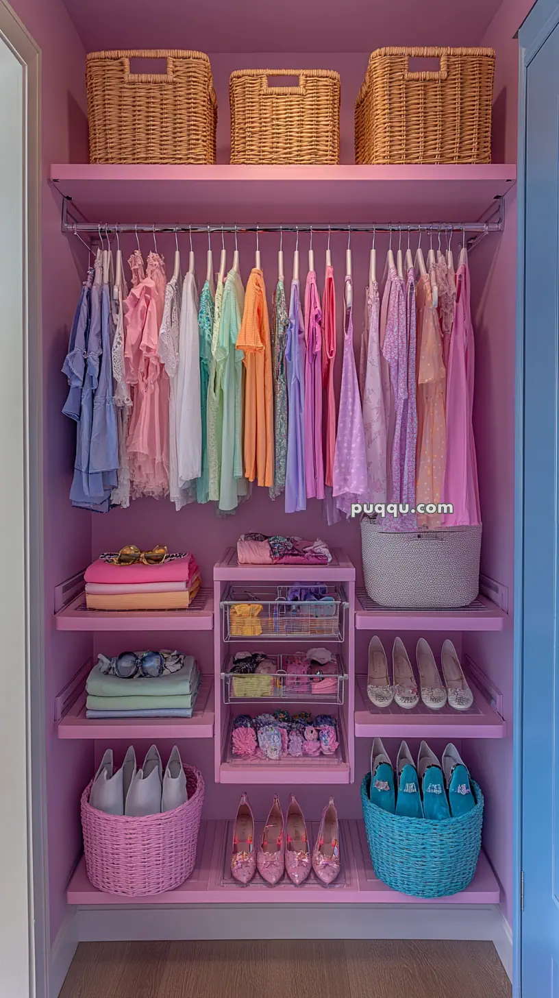 Colorful and neatly organized closet with pastel clothes, wicker baskets, folded fabrics, shoes, and accessories on pink shelves.