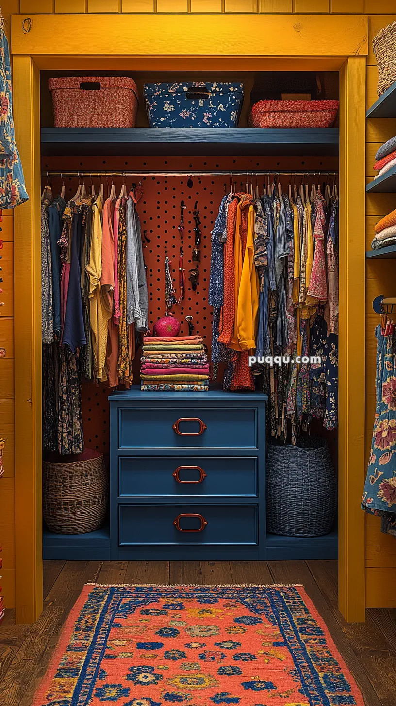 Colorful closet with hanging clothes, blue drawers, baskets on top, and a patterned rug on the floor.