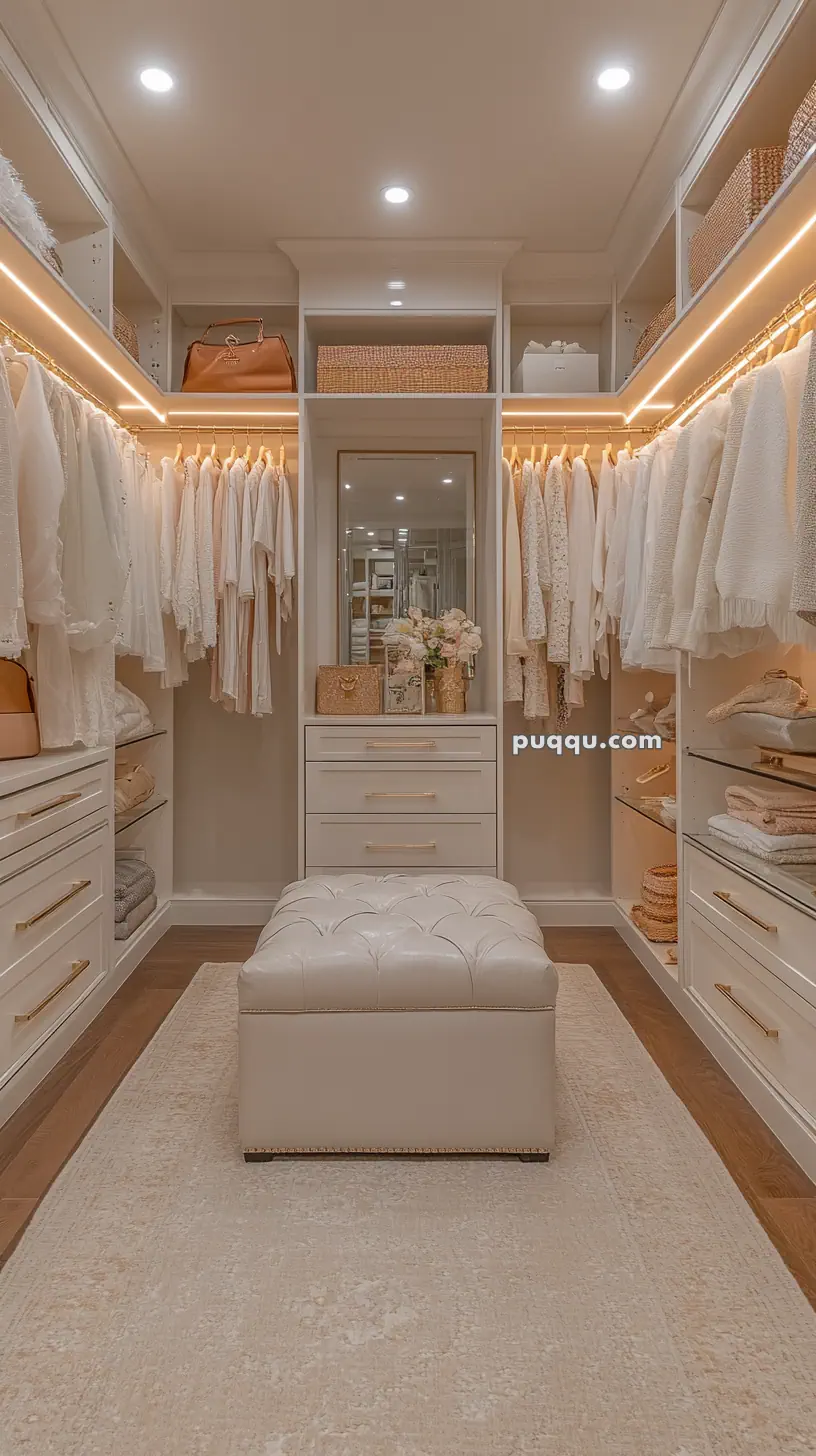 Luxurious walk-in closet with organized shelves, hangers of white clothing, soft lighting, a central ottoman, and elegant decor.