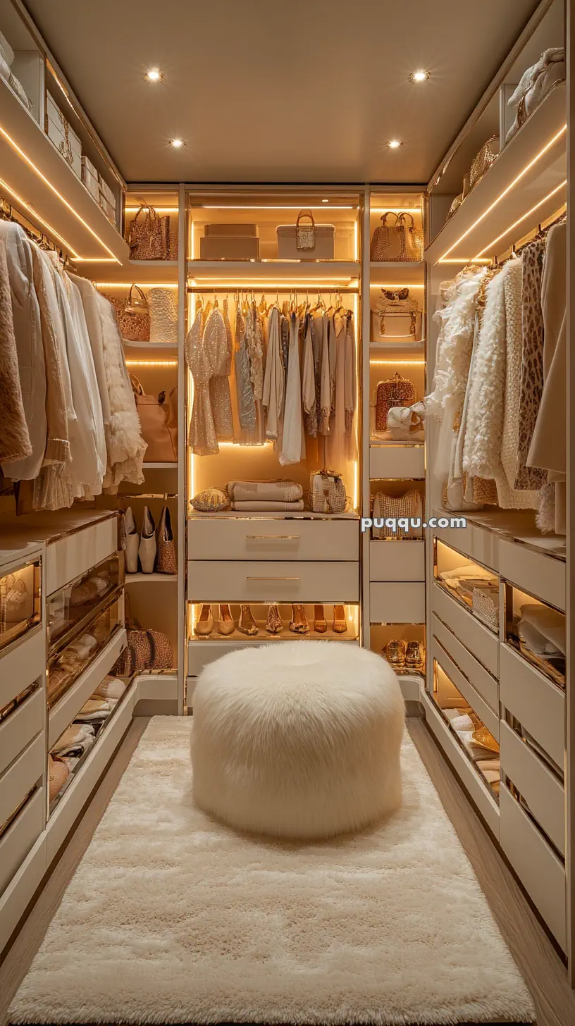 Luxurious walk-in closet with illuminated shelves, neutral-toned clothing, bags, shoes, and a plush white stool on a soft rug.