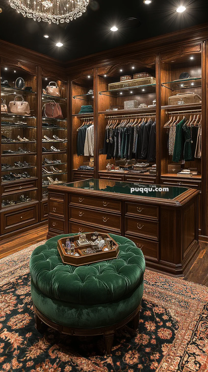 Luxurious walk-in closet with wooden cabinetry, glass shelves displaying handbags and shoes, a central island, and a green tufted ottoman.