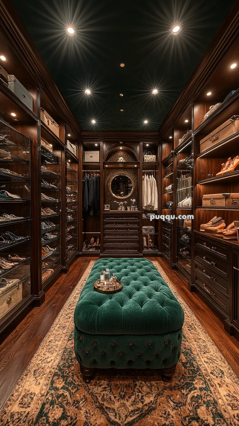 Luxurious walk-in closet with wooden shelves, displaying shoes and clothing; a tufted green ottoman sits in the center on a patterned rug, with accent lighting on the ceiling.