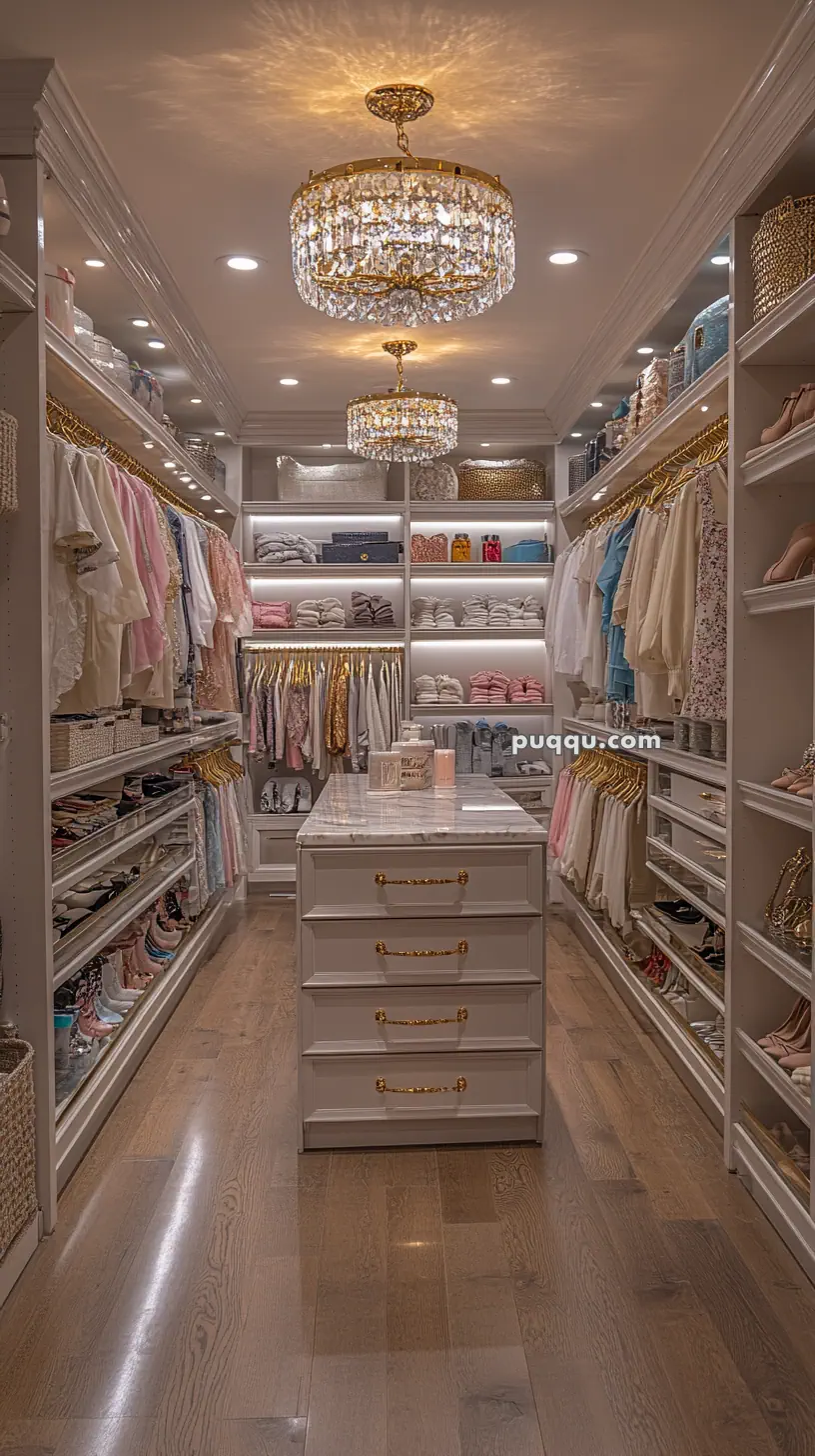 Luxurious walk-in closet with chandeliers, shelves of folded clothes, hanging garments, shoes, and a central island with drawers.