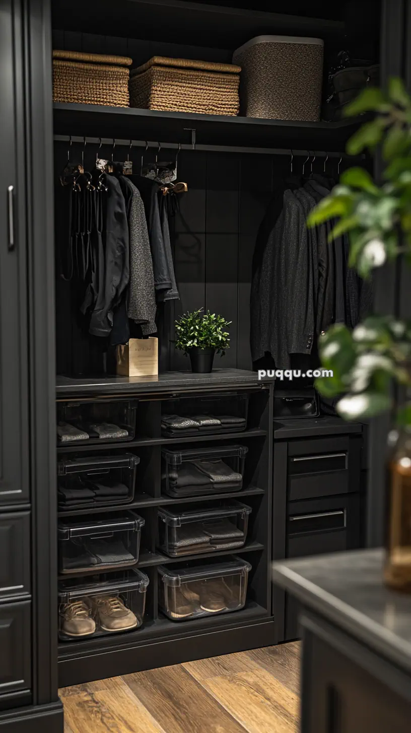 A neatly organized closet with dark clothing hung on hangers, woven baskets on a top shelf, folded clothes in clear bins, and shoes stored in transparent boxes at the bottom.