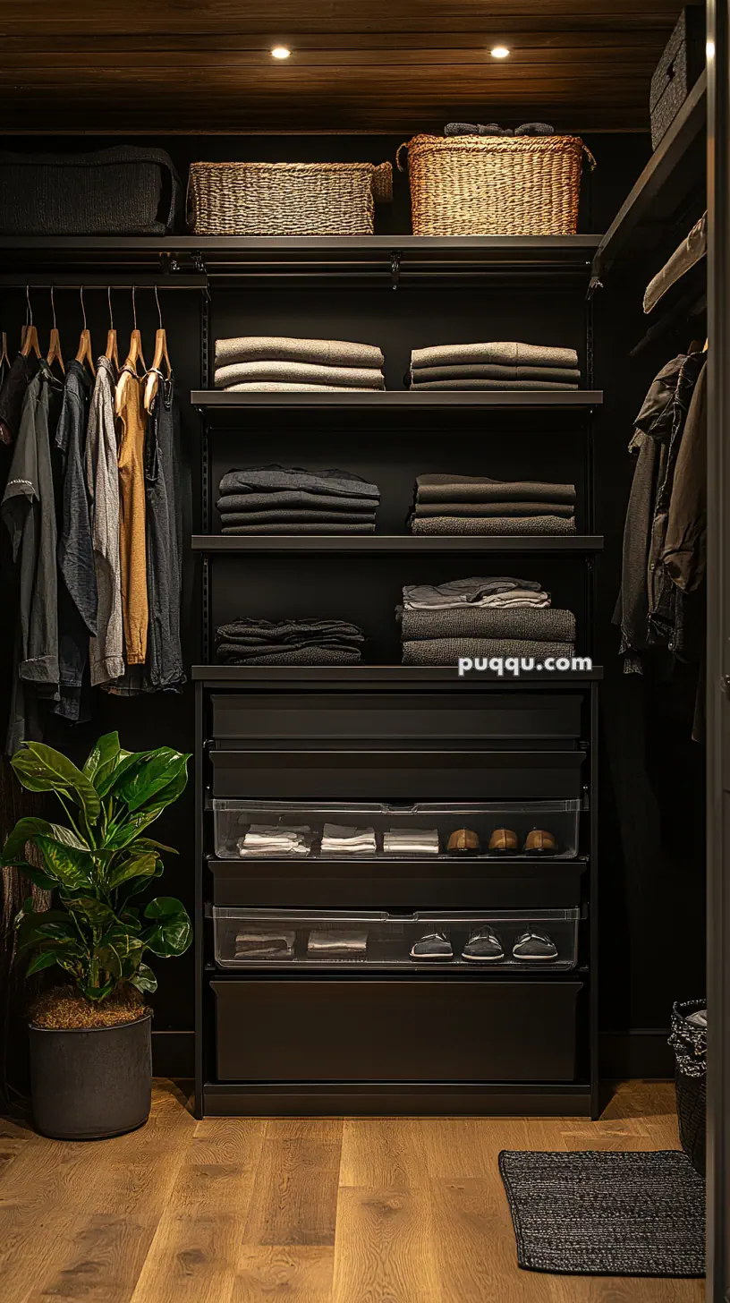 A well-organized closet with folded clothes, hanging garments, woven baskets, and a potted plant, featuring wooden flooring and overhead lighting.