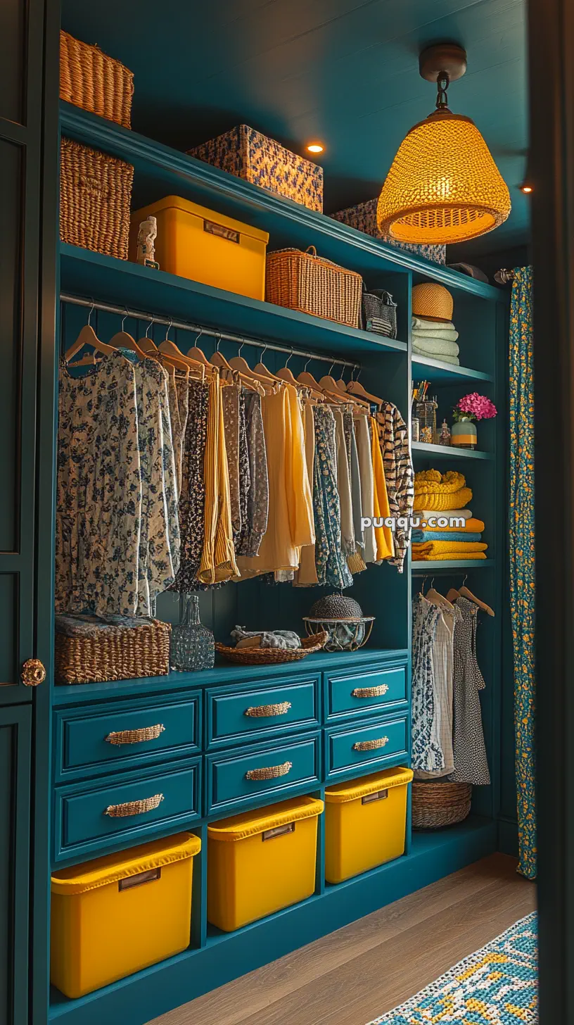 A vibrant closet with teal shelves and drawers, featuring floral and yellow garments hanging on wooden hangers. Yellow storage bins and woven baskets are neatly arranged. A woven pendant light hangs from the ceiling, casting a warm glow.